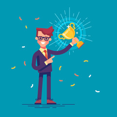 Handsome man in formal suit is holding a golden cup and smiling friendly. Vector illustration in flat design