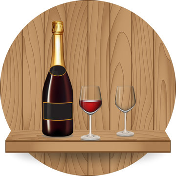 Wine bottle and glass on wood shelf