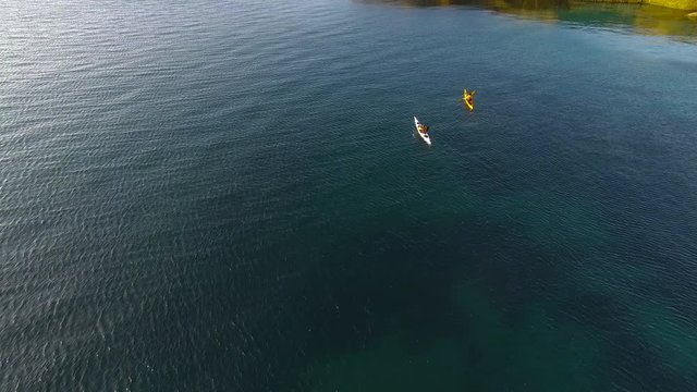 Bird's eye view of tourists kayaking off the coast of Peninsula Valdes, Chubut Province, Argentina