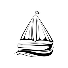 sailboat line icon with waves on sea. Universal Minimal Modern Thin Line Black Icon isolated on White Background. graphic boat illustration