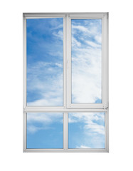 View of blue sky through window on white background