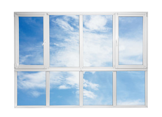 Fototapeta premium View of blue sky through window on white background