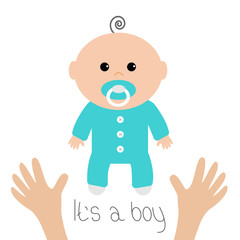 Baby shower card. It's a boy. Two human hands. Mother care. Flat design style. White background. Isolated.