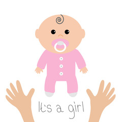 Baby shower card. It's a girl. Two human hands. Mother care. Flat design style. White background. Isolated.