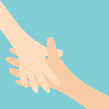 Handshake. Two hands arms reaching to each other. Happy couple. Mother and child. Helping hand. Close up body part. Baby care. Blue background. Isolated. Flat design.