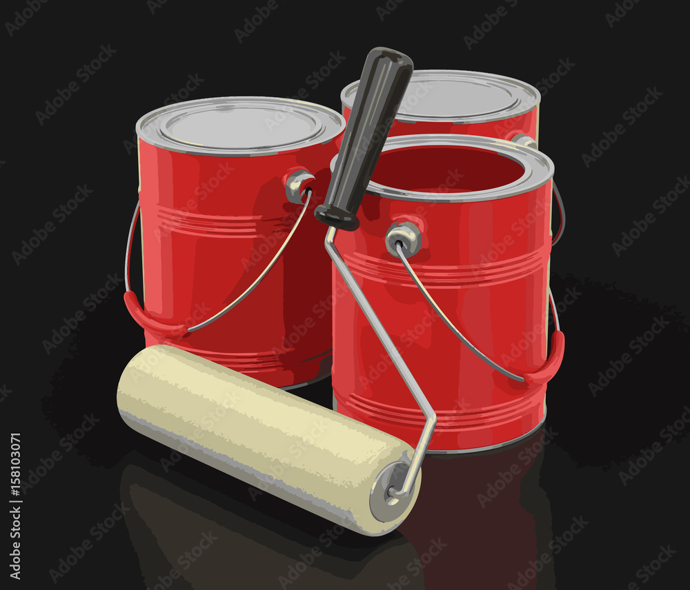 Wall mural paint roller and cans of paint. image with clipping path