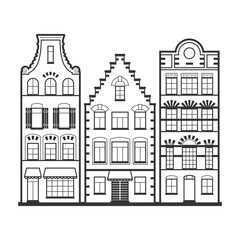 Set of 3 Amsterdam old houses facades. Traditional architecture of Netherlands. Line style black and white vector flat isolated illustrations in the Dutch style. For coloring, design, background.