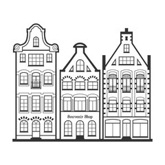 Fototapeta premium Set of 3 Amsterdam old houses facades. Traditional architecture of Netherlands. Line style black and white vector flat isolated illustrations in the Dutch style. For coloring, design, background.