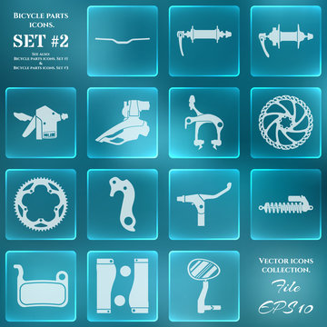 Icon set with symbols of spare parts and accessories for bicycles