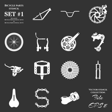 Set of stencil with symbols of spare parts and accessories for bicycles