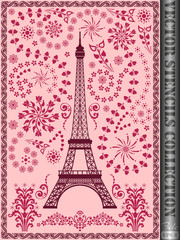 Fototapeta na wymiar Stencil Eiffel Tower with ornament made of flowers, leaves, stars and hearts.