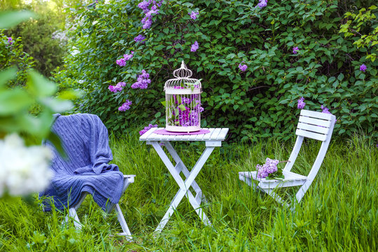 Cage with lilac flowers on table in beautiful garden