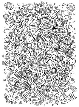 Cartoon Hand-drawn Doodles Space Illustration. Line Art Detailed