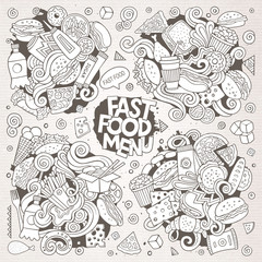 Line art vector hand drawn doodles cartoon set of food objects