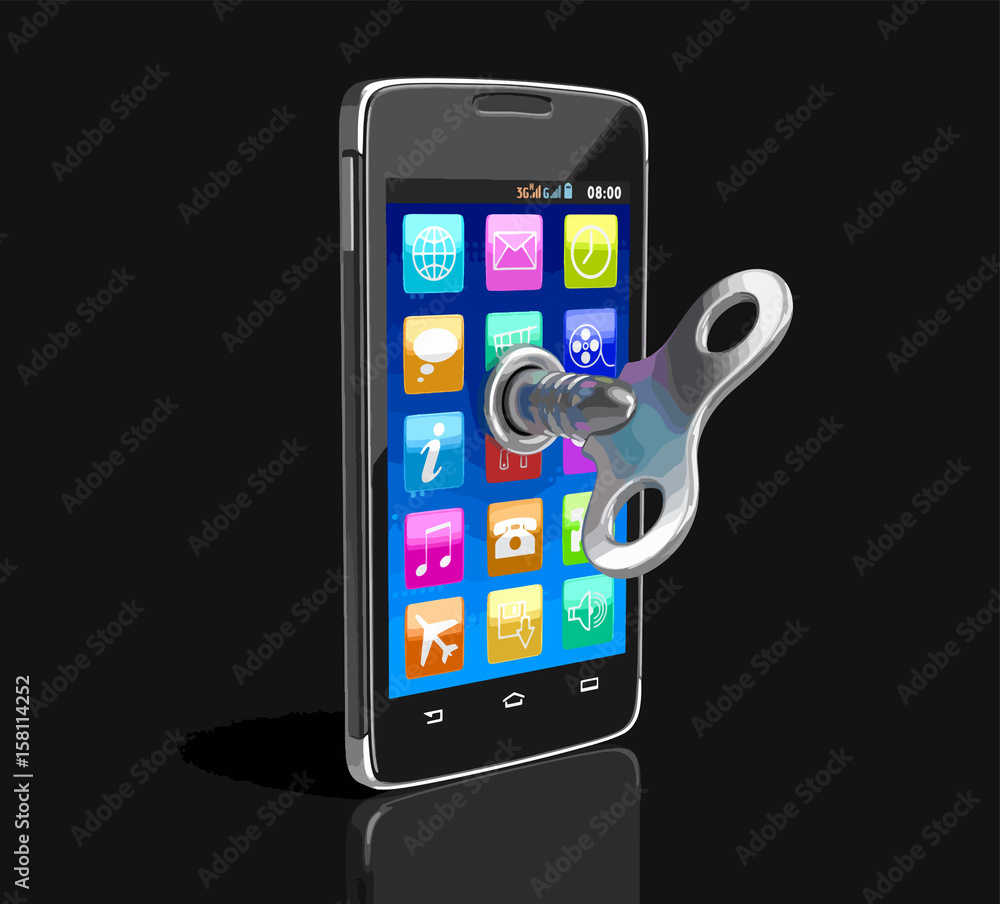 Poster touchscreen smartphone with winding key. image with clipping path.