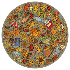 Autumn cartoon doodle objects, symbols and items