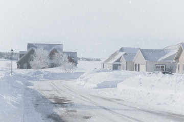 Snow falling in a North American neighborhood.