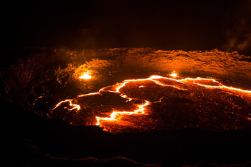 Panorama of Erta Ale volcano crater, melting lava, Danakil depression, Ethiopia