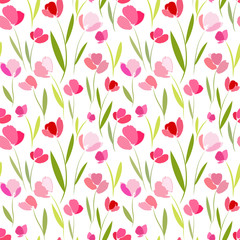 Seamless pattern with a field of tulips on a white background.