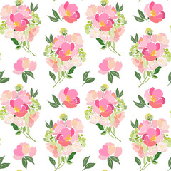  Seamless pattern with bouquets of roses and peony flowers on a white background.