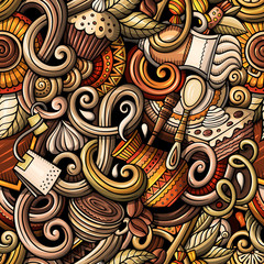 Cartoon hand-drawn doodles of cafe, coffee shop seamless pattern