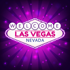 Las Vegas Casino Sign.Casino Neon Billboard Welcome Las Vegas Nevada in Frame of Light Bulbs on Neon Purple Shining Rays,Neon Stars Shining Purple Background.Design Conception for Gambling Place.