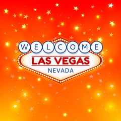 Las Vegas Casino Sign.Casino Color Signboard Welcome Las Vegas Nevada in Frame of Light Bulbs on Gold Gleaming Stars,Gold Shining Stars Background.Design Conception for Gambling Place.