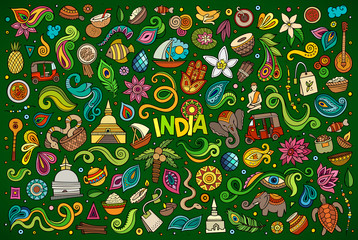 Fototapeta premium Vector doodle cartoon set of Indian objects and symbols