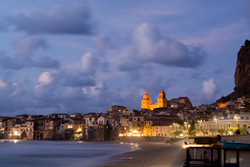 Touristic and vacation pearl of Sicily, small town of Cefalu, Sicily, south Italy, sea view, sunset