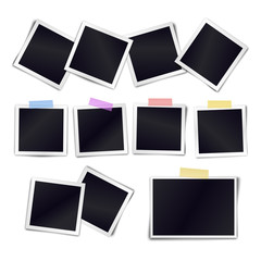 Vector Collection of blank photo frames sticked on duct tape to white background. Template mockups for design.