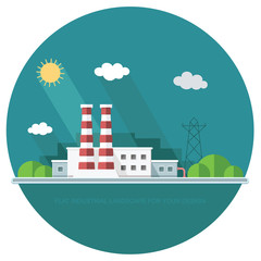 industry manufactory building. Factories producing oil and gas, metals and rubber, energy and power. Destroys nature. Icon of eco friendly factories. Flat Vector background illustration