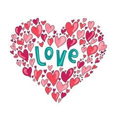 Hand drawn love heart made of little hearts
