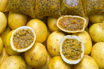 Fresh passionfruit maracuja at Brazilian farmers market in Rio de Janeiro Brazil