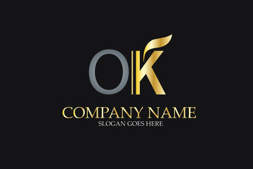 Fototapeta na wymiar OK Letter Logo Design in Golden and Metal Color