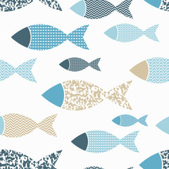 Fototapeta na wymiar Seamless vector background with decorative fish in the sea. Vector illustration. Flat design. 