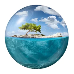 Badezimmer Foto Rückwand Insel Idyllische kleine Insel mit einsamem Baum als Globus