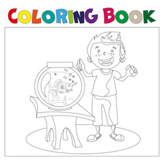 Child looking at an aquarium. Coloring book