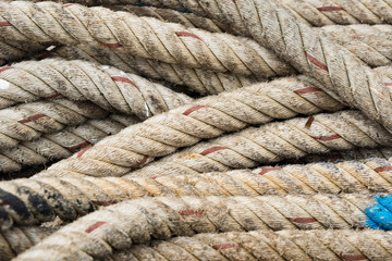 Close up detail of old manila rope use in the ship,selective focus.