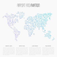 Airport and aviation, tourism concept. Thin line icons in world map. Vector illustration.