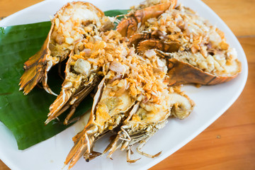 crayfish fried fill pickled garlic served wood table