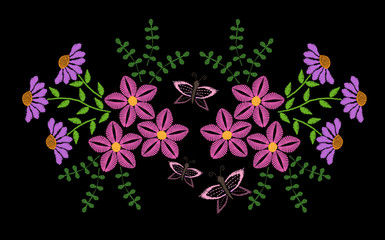 Embroidery stitches imitation fashion pattern with folk flower and butterfly
