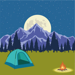 Vector illustration of night camping with one tent under the stars in a scenic place of wild nature with high mountain peaks at background and silhouette of dark forest
