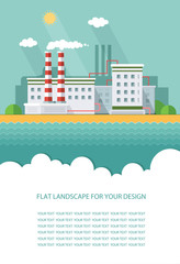 Blank flyer for text. Plant for the extraction and processing of oil and gas. storage in tanks and barrels. Vector Infographic  flat style