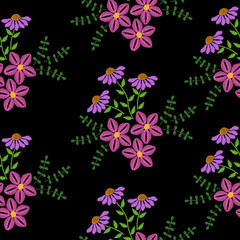 Seamless pattern with embroidery stitches imitation flower and green leaf