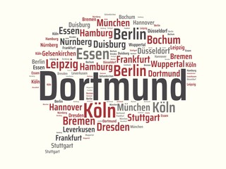 Dortmund - Bilder mit Wörtern aus dem Bereich Deutsche Städte, Wortwolke, Würfel, Buchstabe, Bild, Illustration