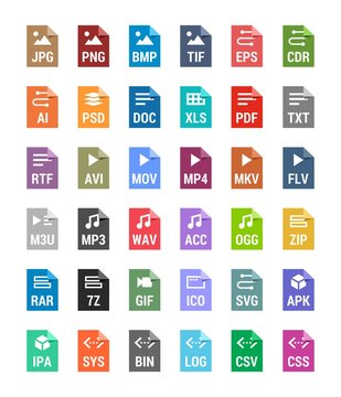 Flat file types icons. Archive, vector, audio, image, system, document formats