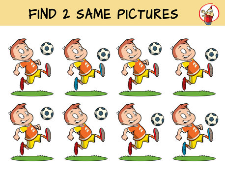 Football player running with the ball. Find two same pictures. Educational matching game for children. Cartoon vector illustration
