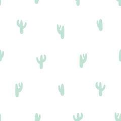 Silhouettes of Green Cactus in white background. Seamless vector hand drawn pattern in doodles style.