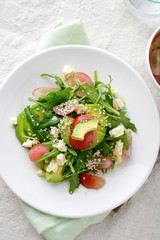 Green Avocado Salad with arugula, grapes and blue cheese