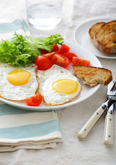 Fried Eggs with tomato, lettuce and bread on a white plate